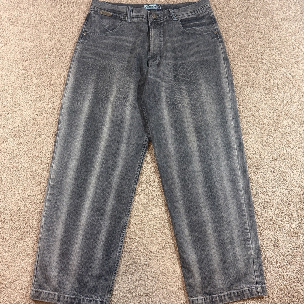 Raider Baggy Jeans Mens 38x32 Gray Good Acid Wash Faded Y2K Wide Leg Streetwear